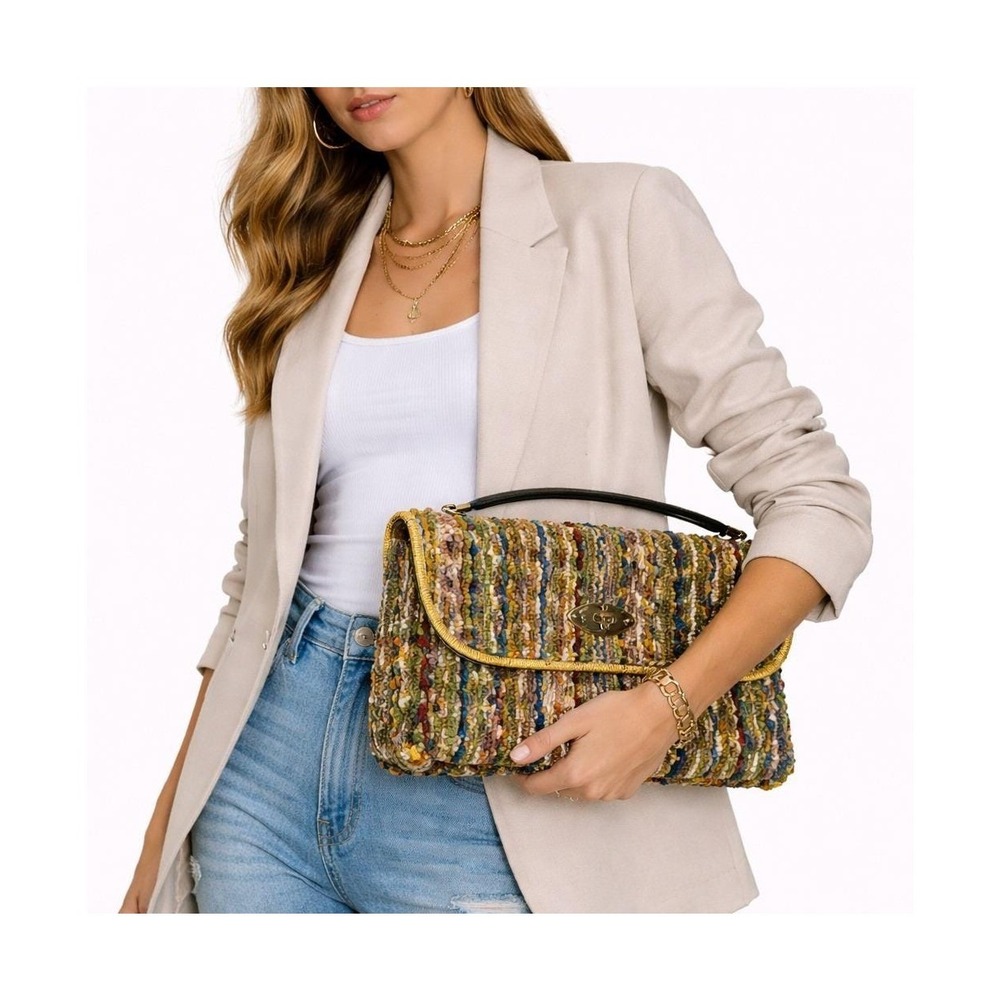 Vintage Jerry Terrence Carpet‎ Bag Multi Color Striped Shag Handbag California